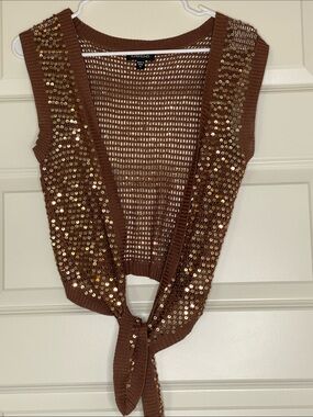 bebe y2k 100% Silk Brown Sequin Tie-Front Bolero